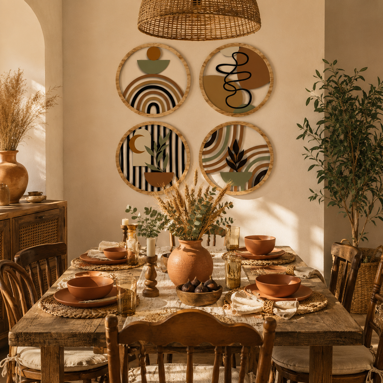 Lot de 4 Tableaux Muraux Ronds Bois – Déco Bohème Abstraite