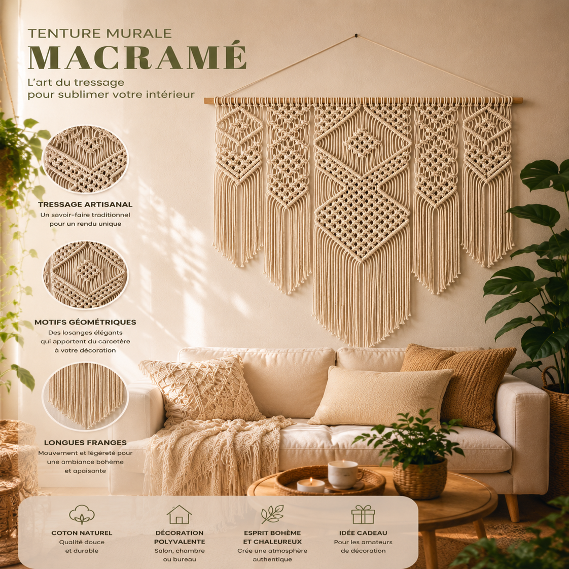 Grande Tenture Murale Macramé – Déco Bohème Losanges Boho