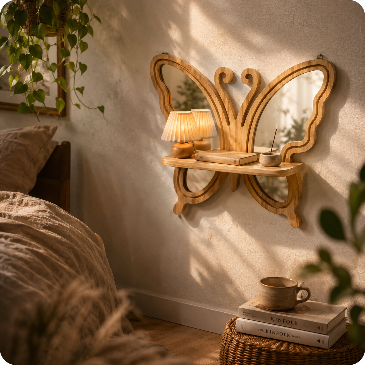 Étagère Murale Bois Forme Papillon & Miroirs – Déco Bohème