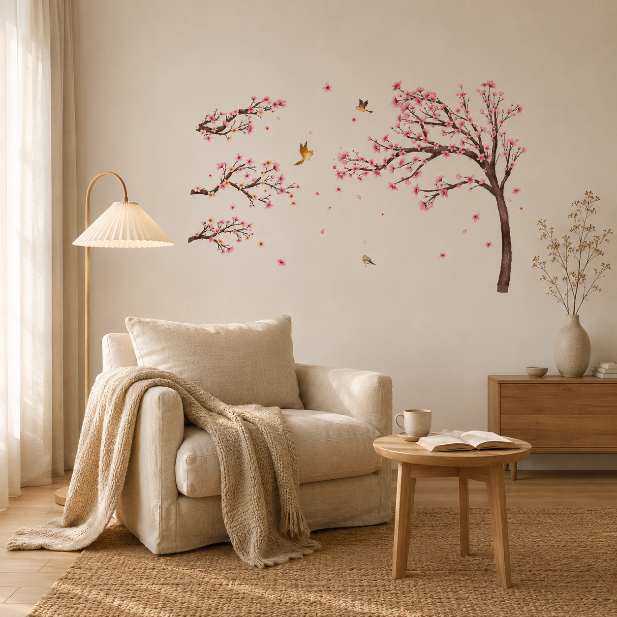 Stickers Muraux XXL Cerisier Japonais en Fleurs – Sakura & Oiseaux