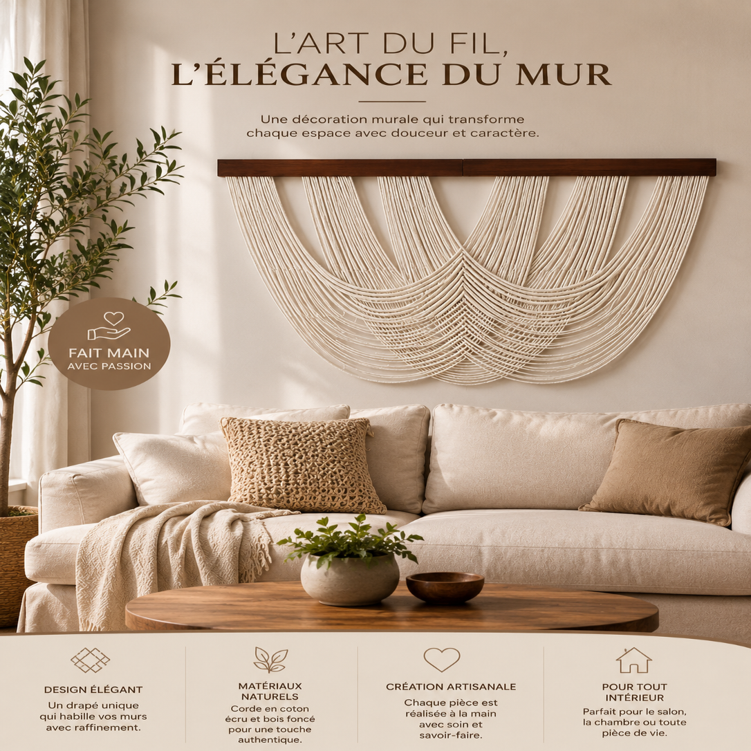 Tenture Murale Cordes Bohème – Déco Drapée Bois Boho Chic