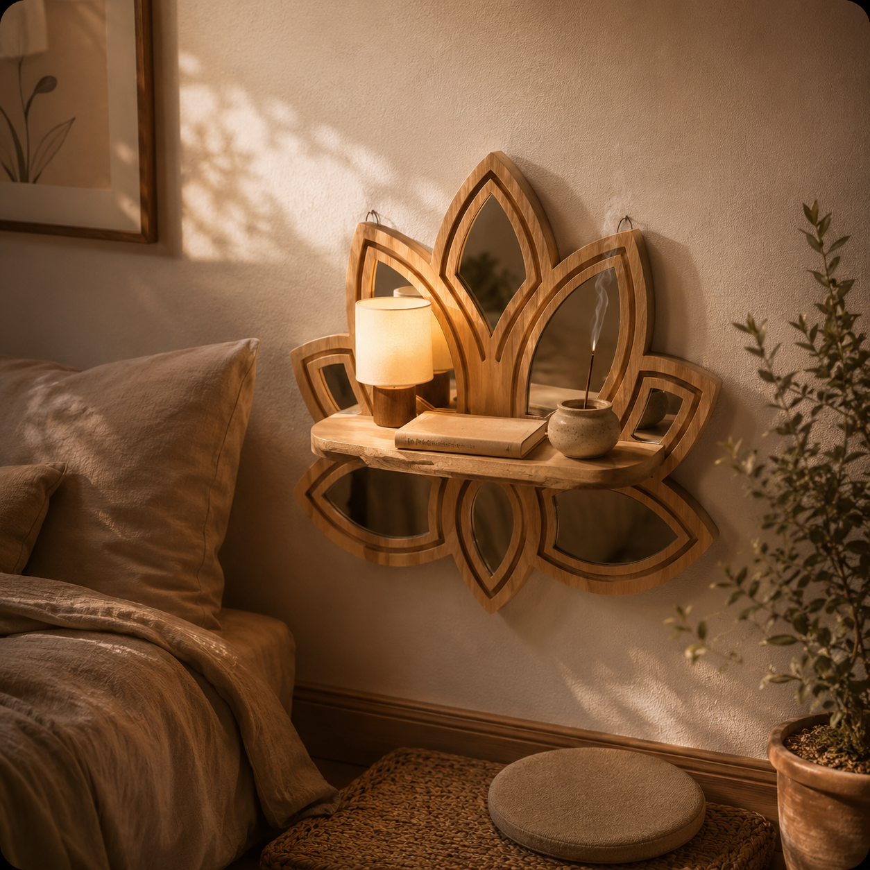 Étagère Murale Bois Forme Lotus & Miroirs – Déco Fleur Bohème