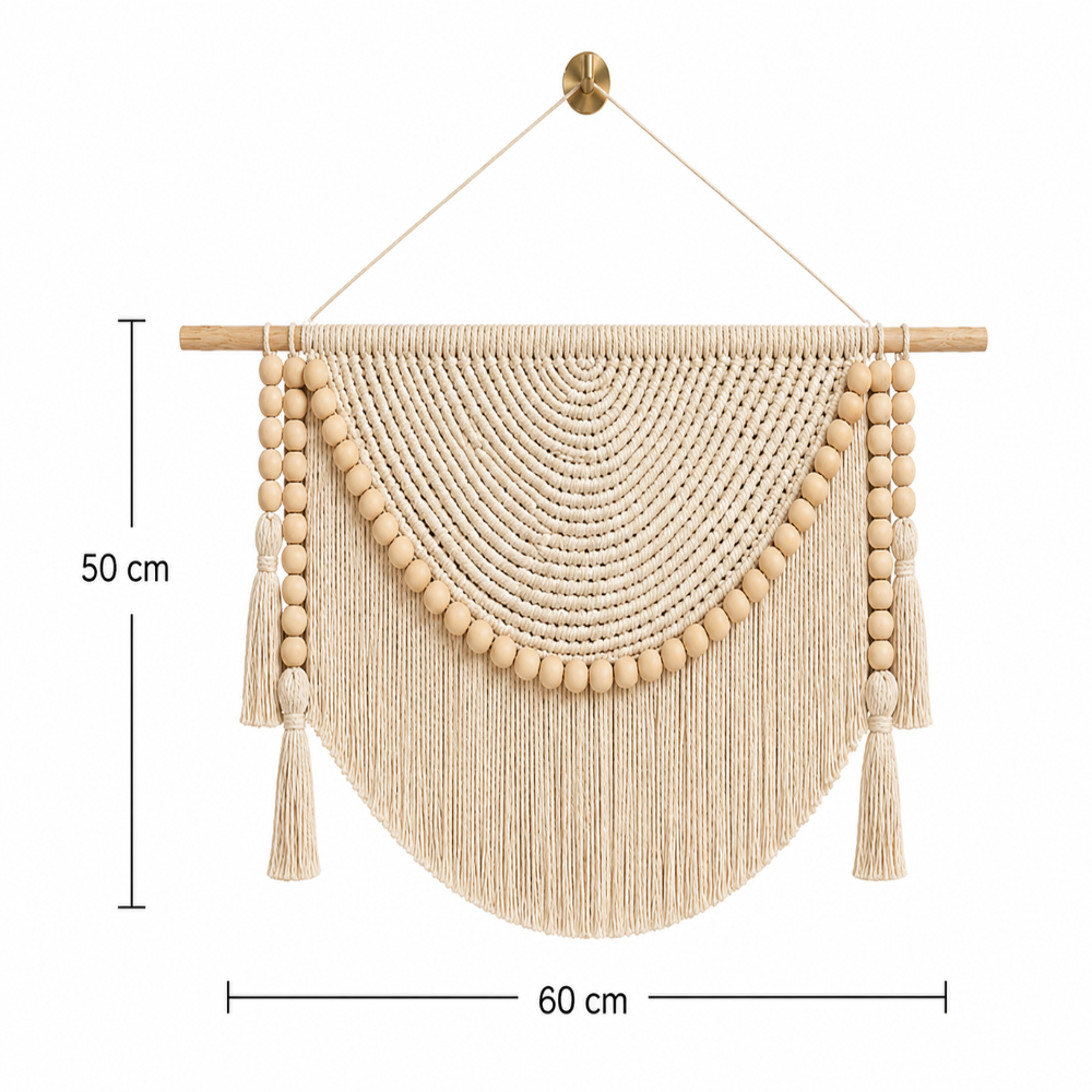Tenture Murale Macramé Perles Bois – Déco Bohème Demi-Lune