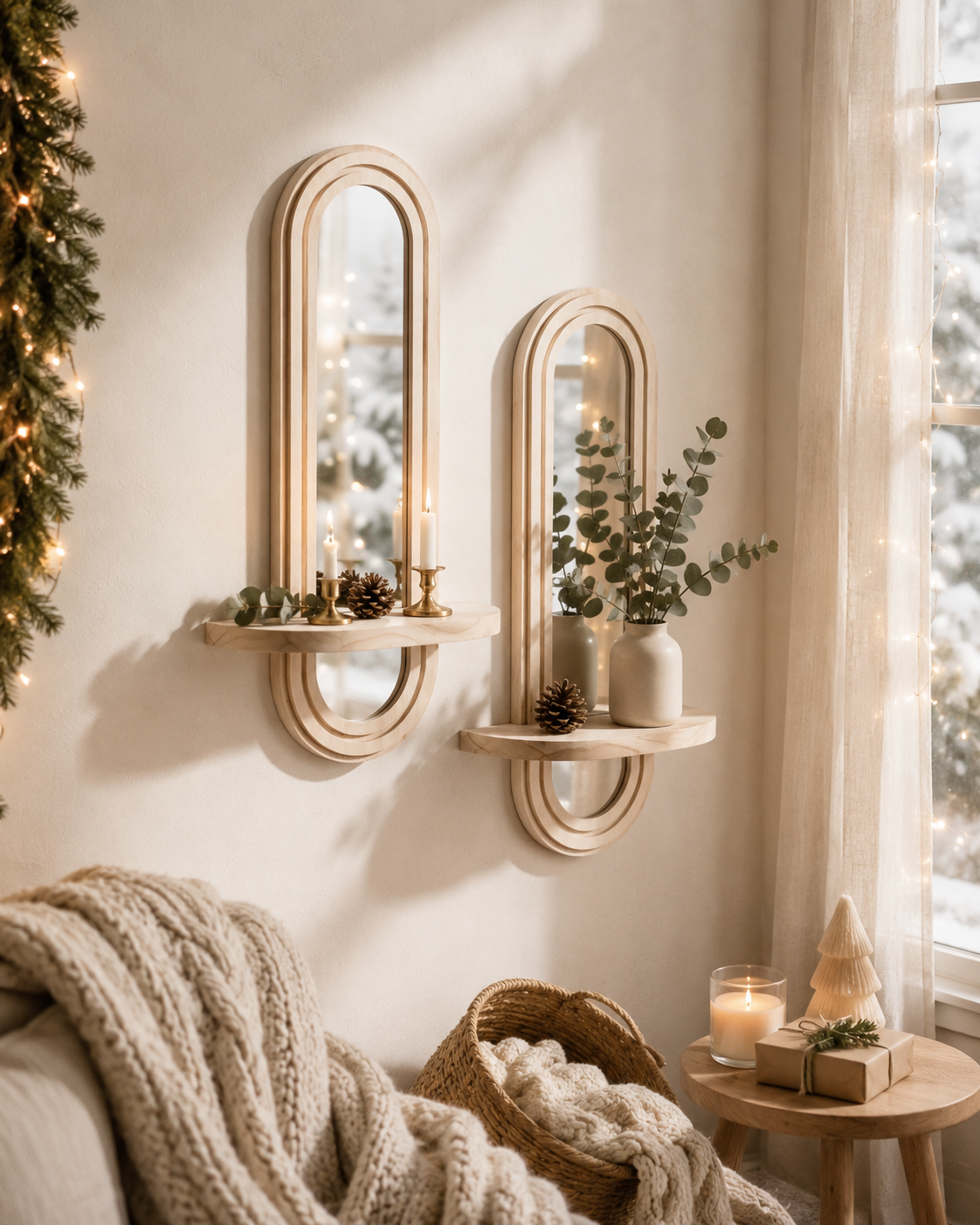 Lot de 2 Étagères Murales Bois & Miroir Intégré – Déco Bohème