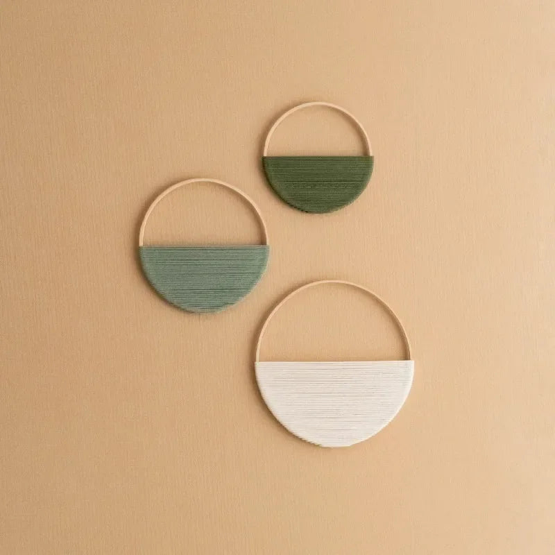 Lot de 3 Décorations Murales Cercles en Bambou – Tenture Bohème Géométrique Vert Sauge & Naturel