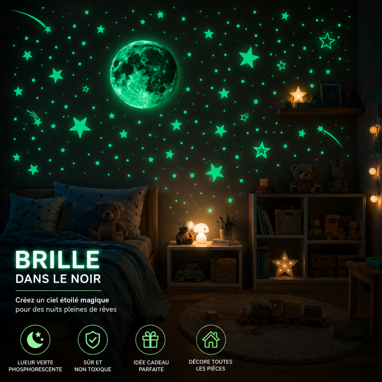 Stickers Lune & Étoiles Phosphorescents – Lumineux la Nuit Plafond