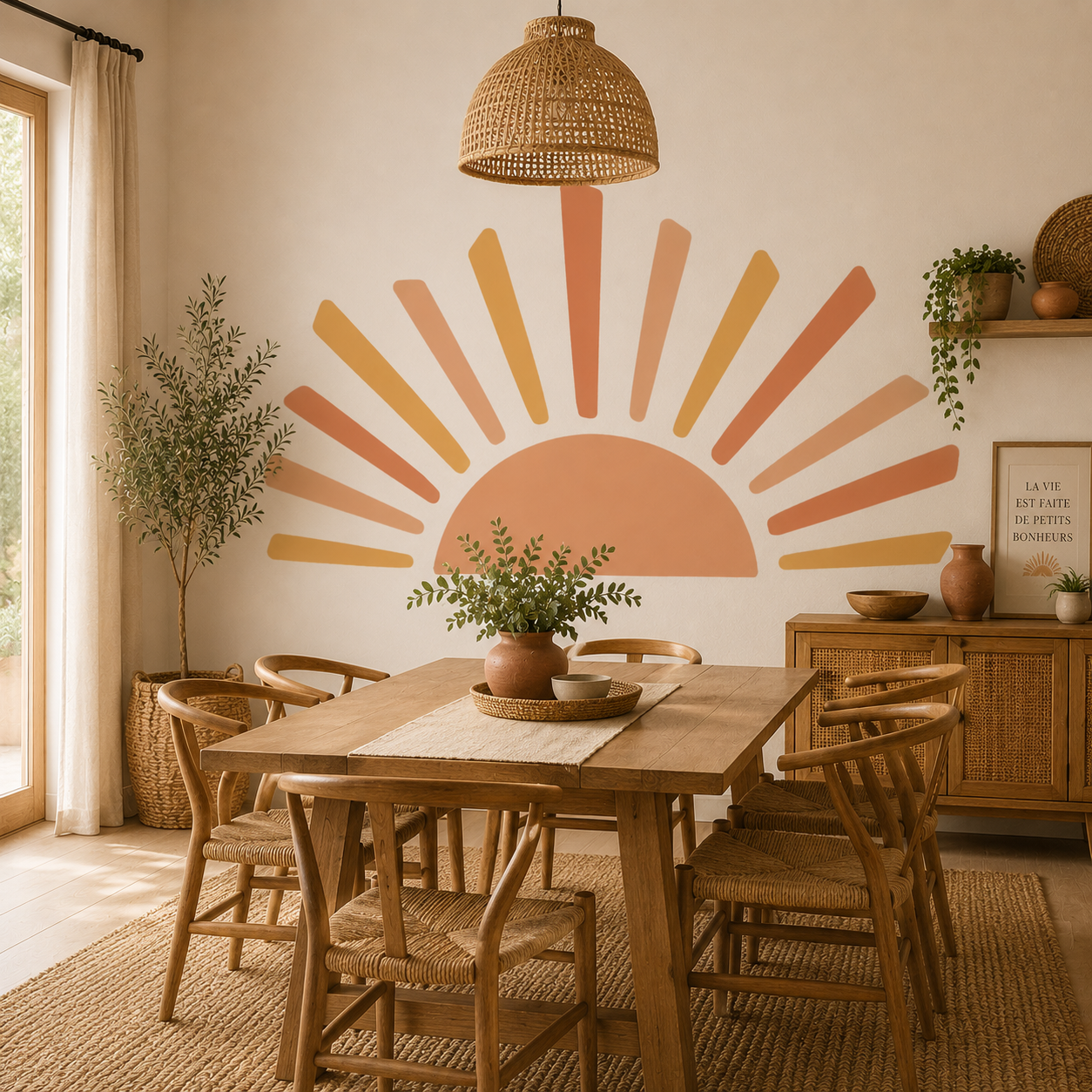 Sticker Mural Soleil Bohème – Grand Soleil Rayonnant Terracotta