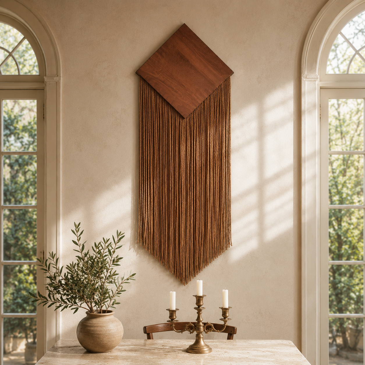 Tenture Murale Bohème Losange Bois & Franges Coton – Tissée Main