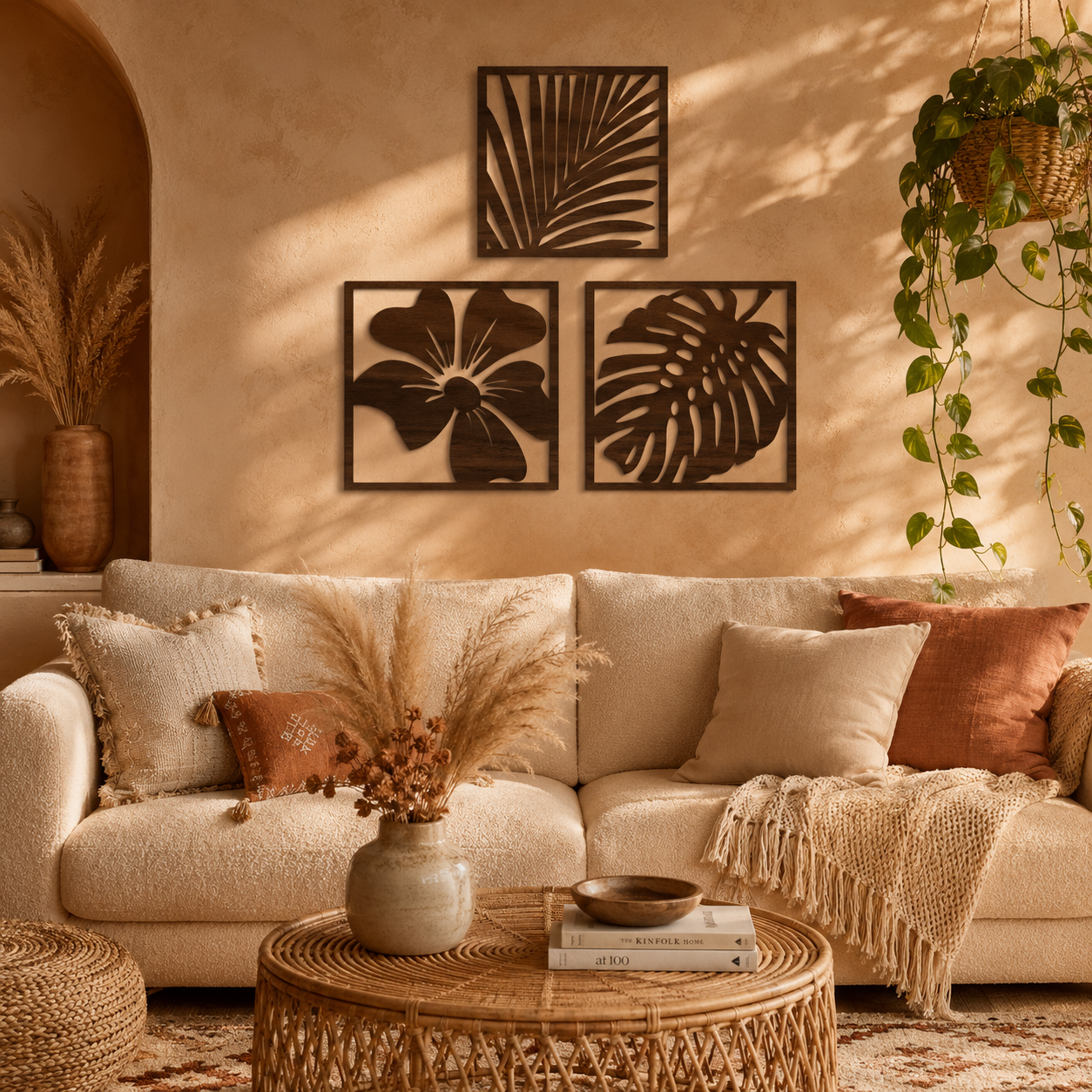 Lot de 3 Tableaux Muraux Feuilles Tropicales Bois – Déco Botanique
