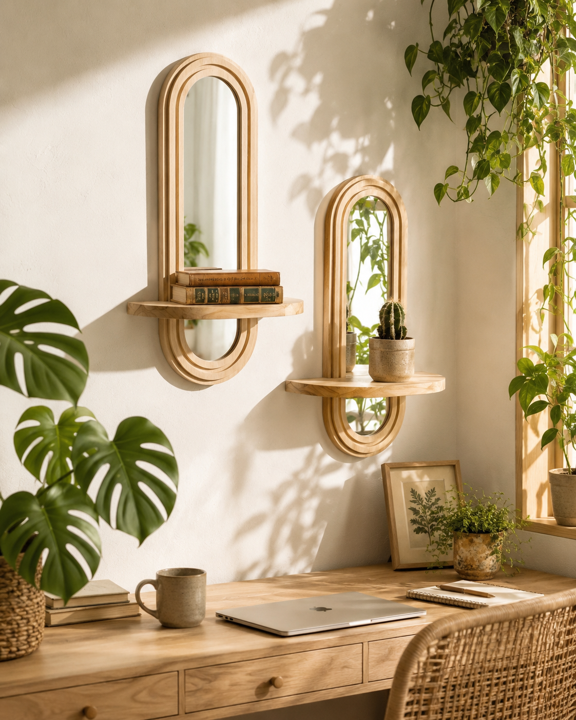 Lot de 2 Étagères Murales Bois & Miroir Intégré – Déco Bohème