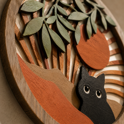 Lot de 4 Décorations Murales Rondes Bois Ajouré – Déco Bohème Chat