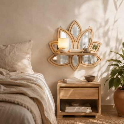 Étagère Murale Bois Forme Lotus & Miroirs – Déco Fleur Bohème