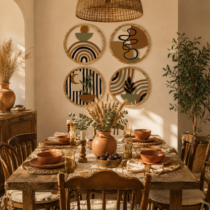Lot de 4 Tableaux Muraux Ronds Bois – Déco Bohème Abstraite