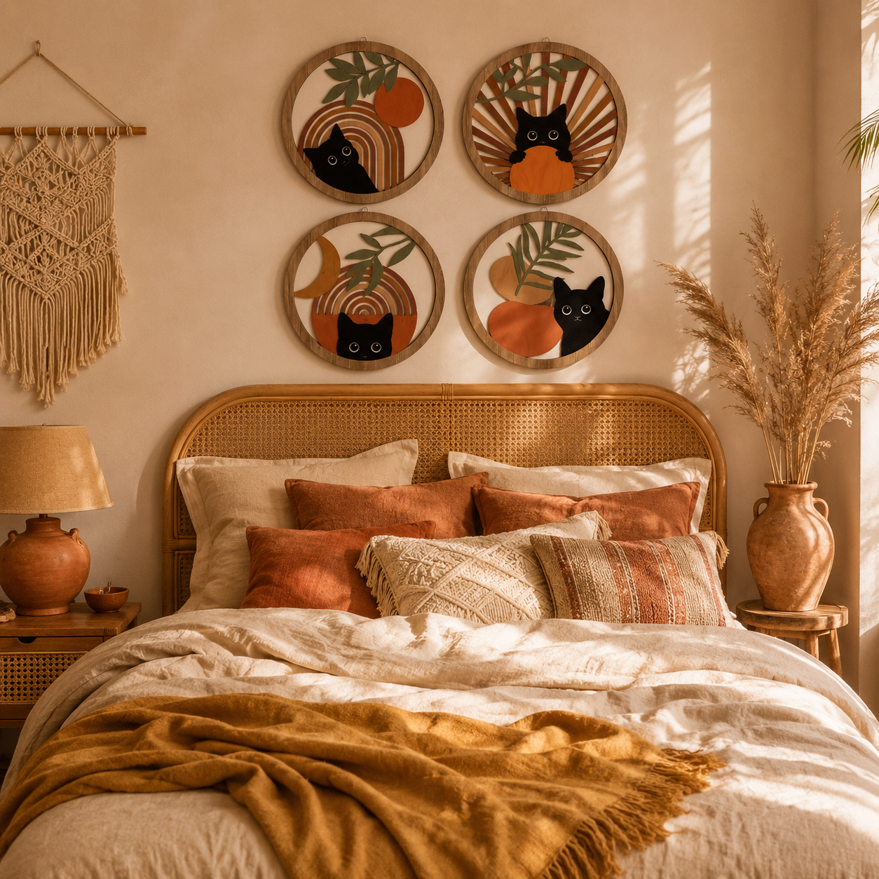 Lot de 4 Décorations Murales Rondes Bois Ajouré – Déco Bohème Chat