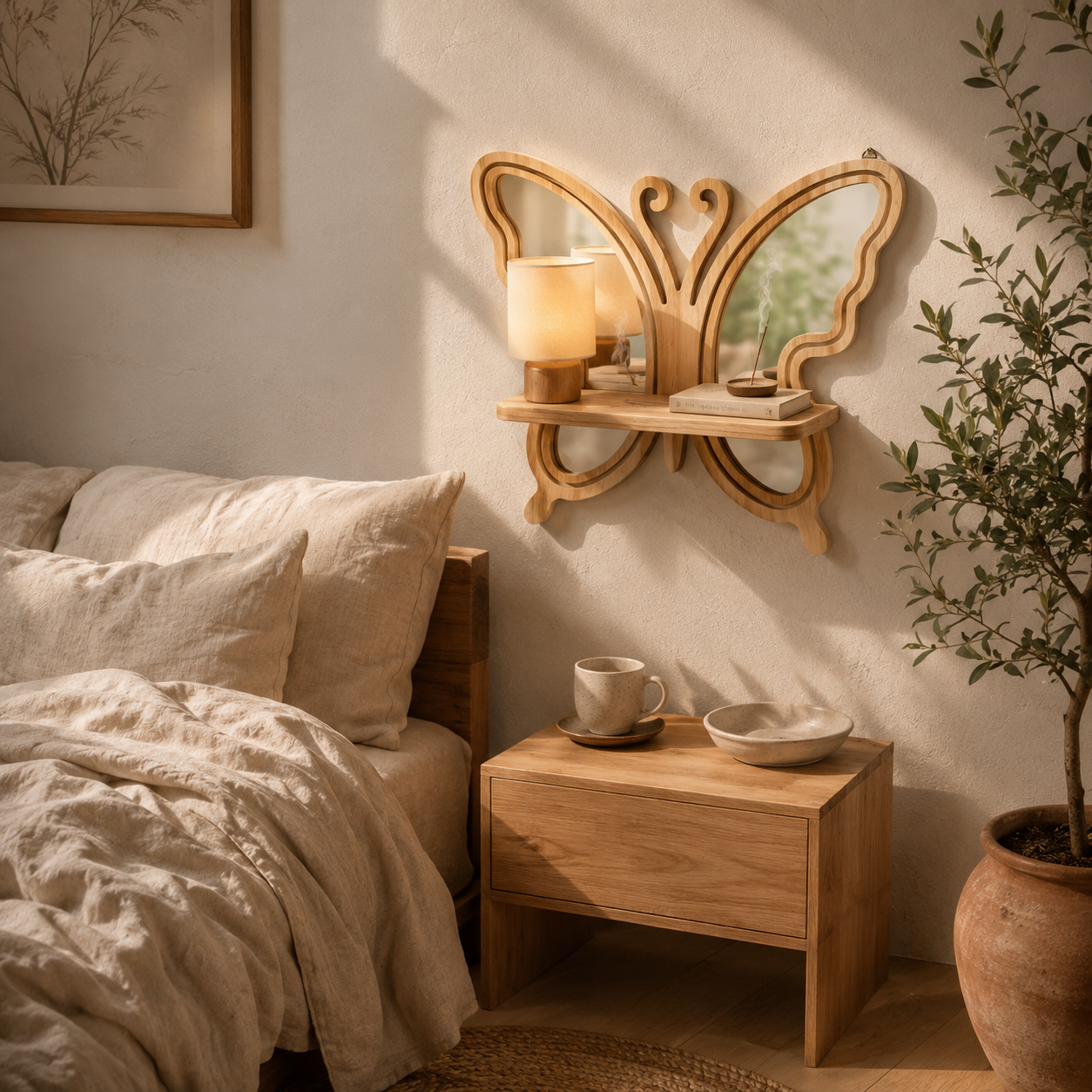 Étagère Murale Bois Forme Papillon & Miroirs – Déco Bohème