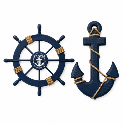 Set de 2 Décorations Murales Marines Bois – Gouvernail & Ancre