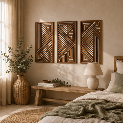 Lot de 3 Tableaux Muraux Bois – Déco Géométrique Vert & Doré