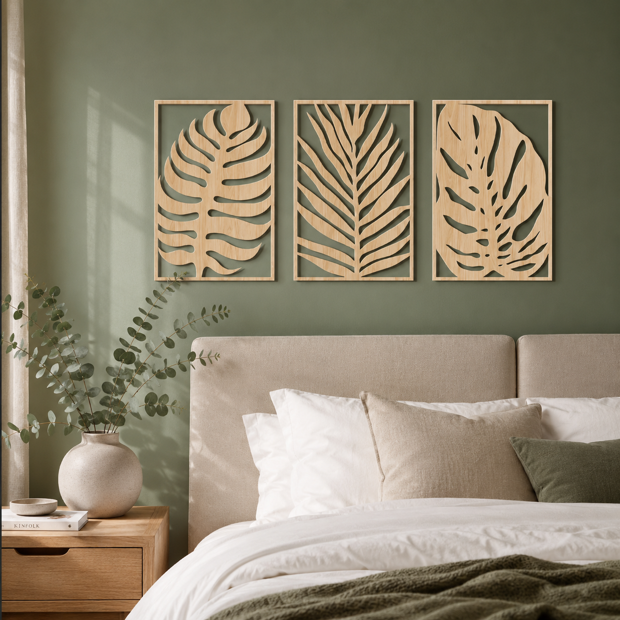 Lot de 3 Tableaux Muraux Feuilles Tropicales Bois – Déco Botanique
