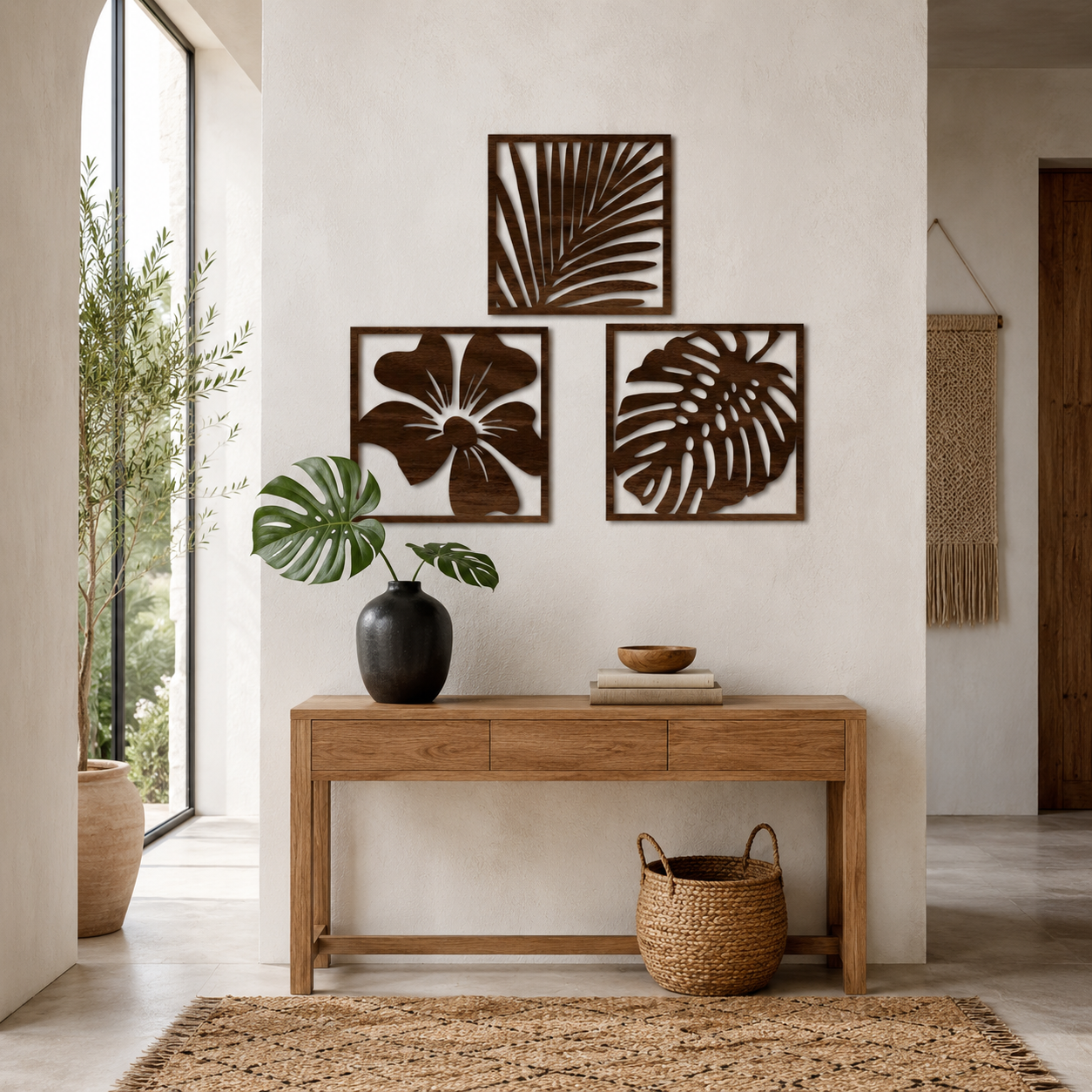 Lot de 3 Tableaux Muraux Feuilles Tropicales Bois – Déco Botanique