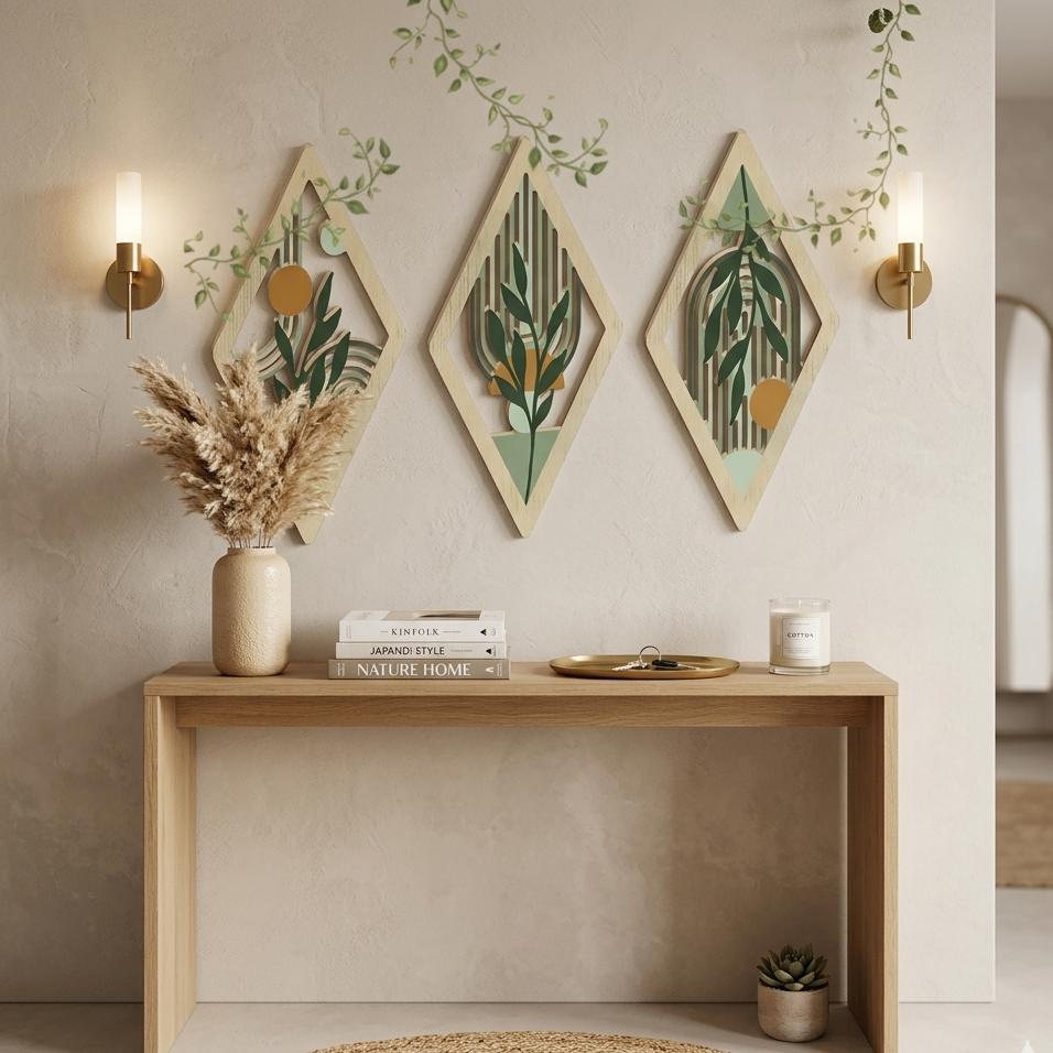 Lot de 3 Tableaux Muraux Losange en Bois – Déco Botanique Bohème