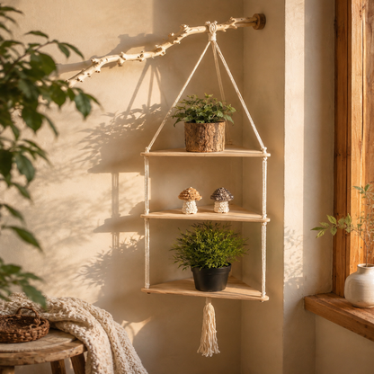 Étagère Murale Suspendue Macramé Bohème – Étagère Flottante Bois