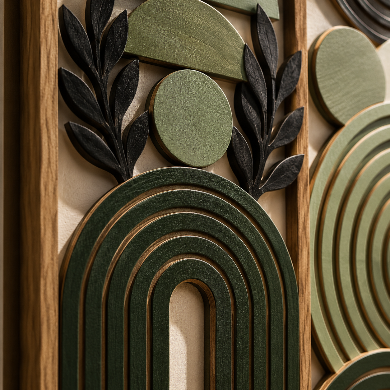 Lot de 3 Tableaux Muraux Bois – Déco Géométrique Vert & Doré