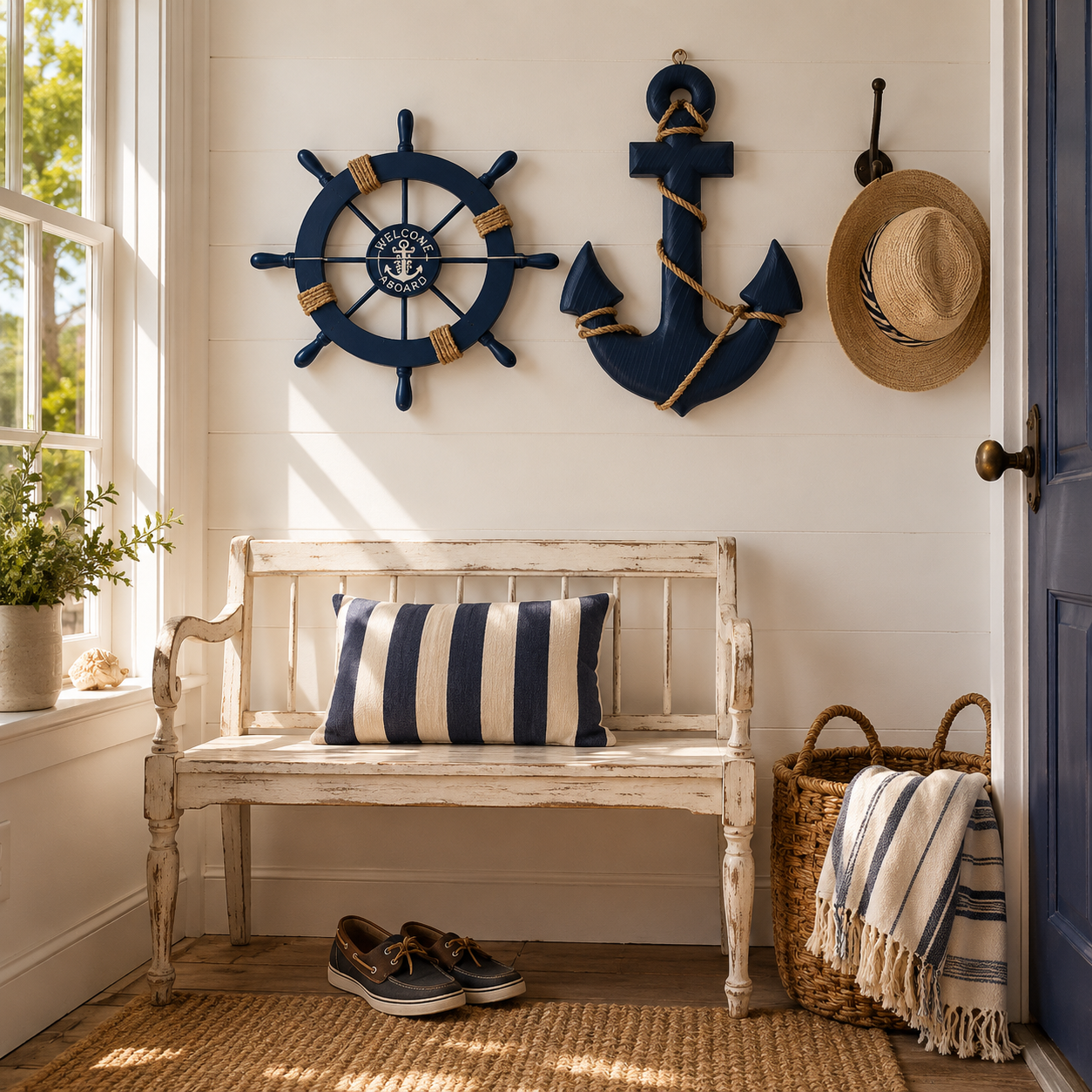 Set de 2 Décorations Murales Marines Bois – Gouvernail & Ancre