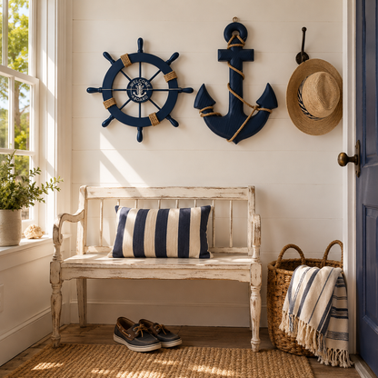 Set de 2 Décorations Murales Marines Bois – Gouvernail & Ancre