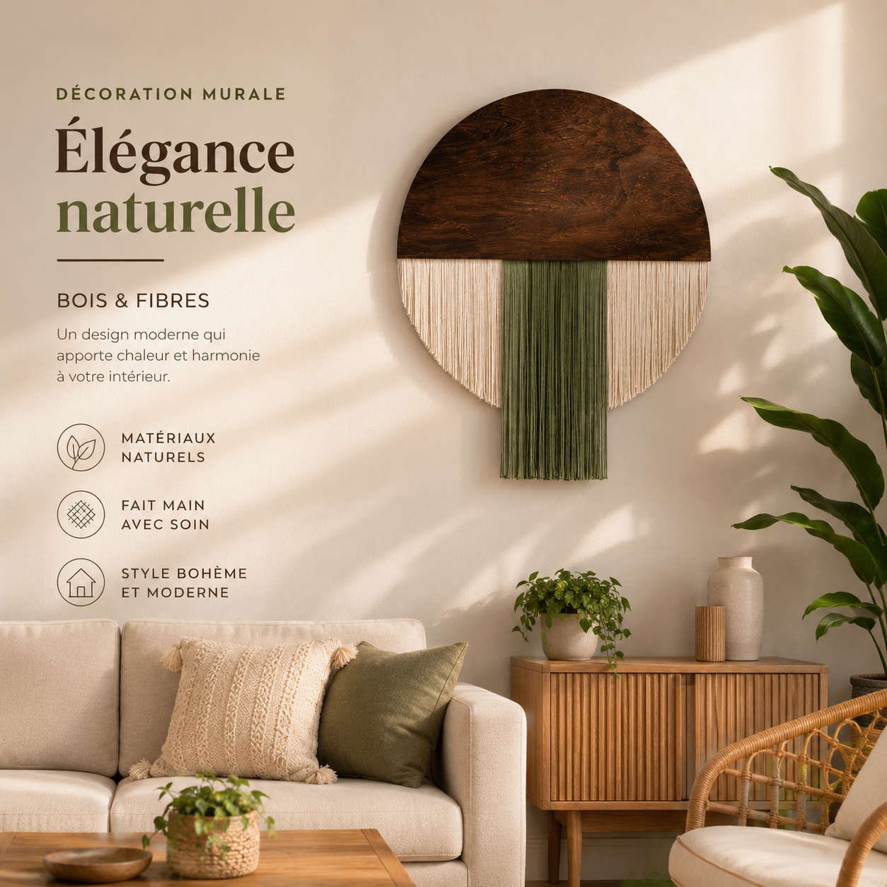 Tenture Murale Bois Fibres – Déco Bohème Demi-Cercle