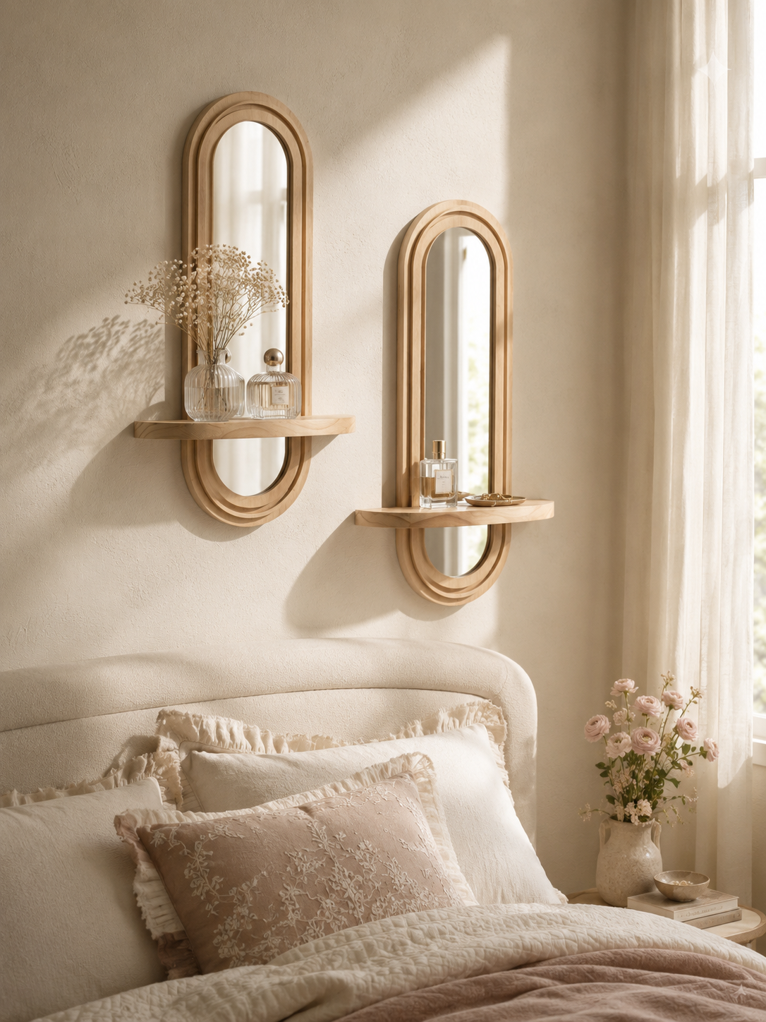 Lot de 2 Étagères Murales Bois & Miroir Intégré – Déco Bohème
