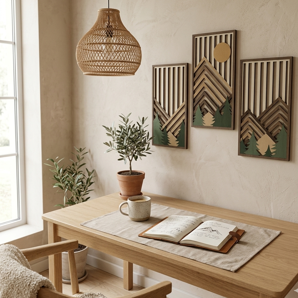 Lot de 3 Tableaux Muraux Bois Montagne – Déco Nature Moderne