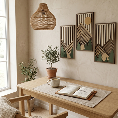 Lot de 3 Tableaux Muraux Bois Montagne – Déco Nature Moderne