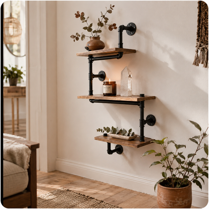 Étagère Murale Industrielle 3 Niveaux – Tuyaux Métal Noir & Bois