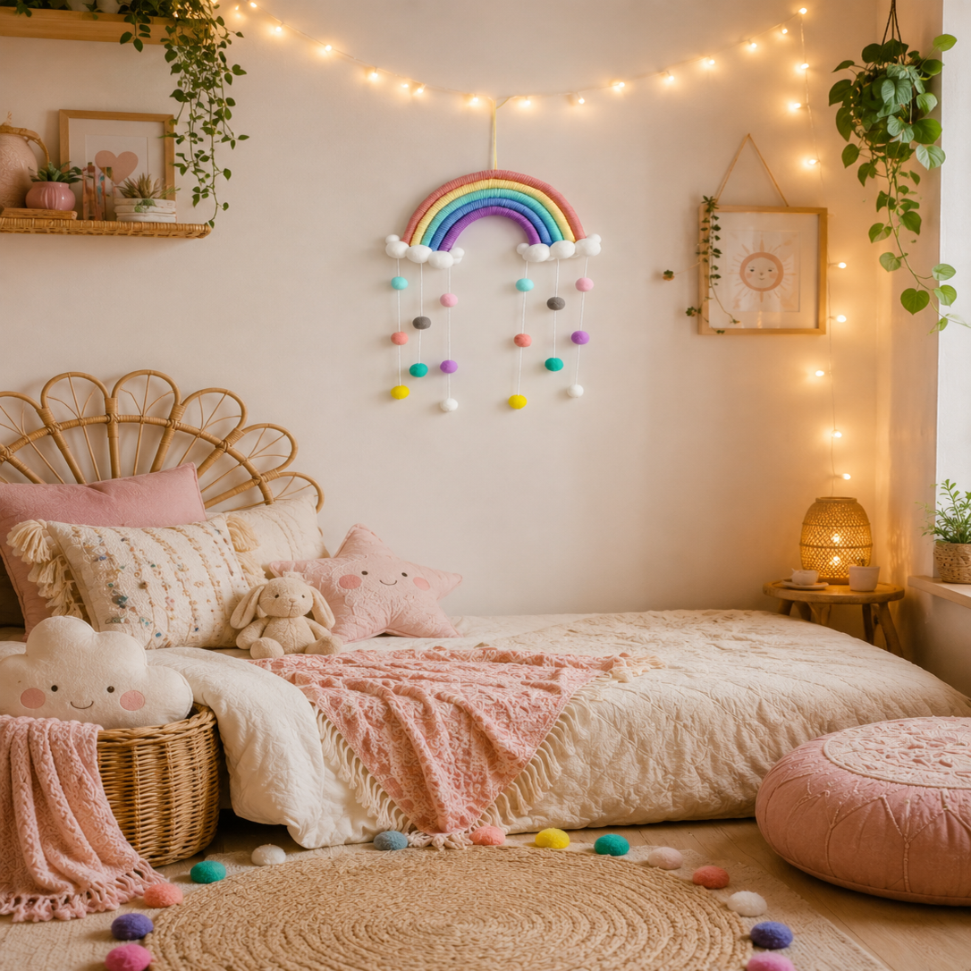 Suspension Arc-en-Ciel Pompons – Déco Chambre Bébé Enfant