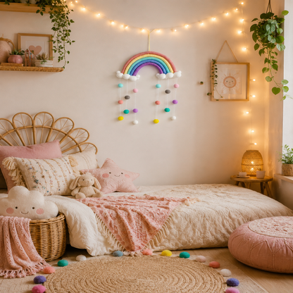 Suspension Arc-en-Ciel Pompons – Déco Chambre Bébé Enfant