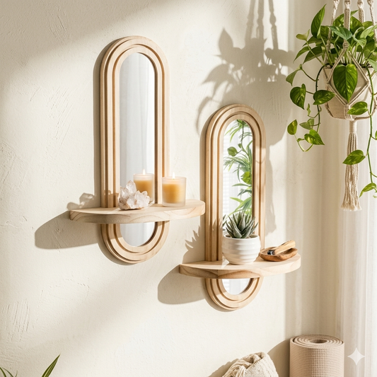 Lot de 2 Étagères Murales Bois & Miroir Intégré – Déco Bohème