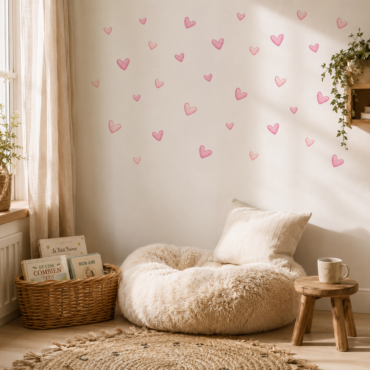 Lot de 60 Stickers Muraux Cœurs Roses – Décoration Murale Adhésive