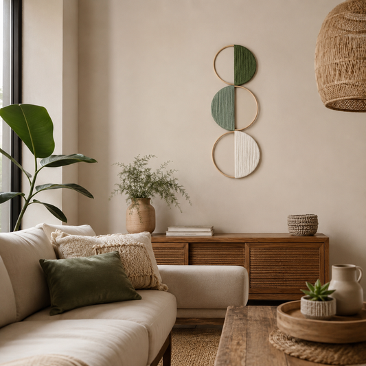 Lot de 3 Décorations Murales Cercles en Bambou – Tenture Bohème Géométrique Vert Sauge & Naturel