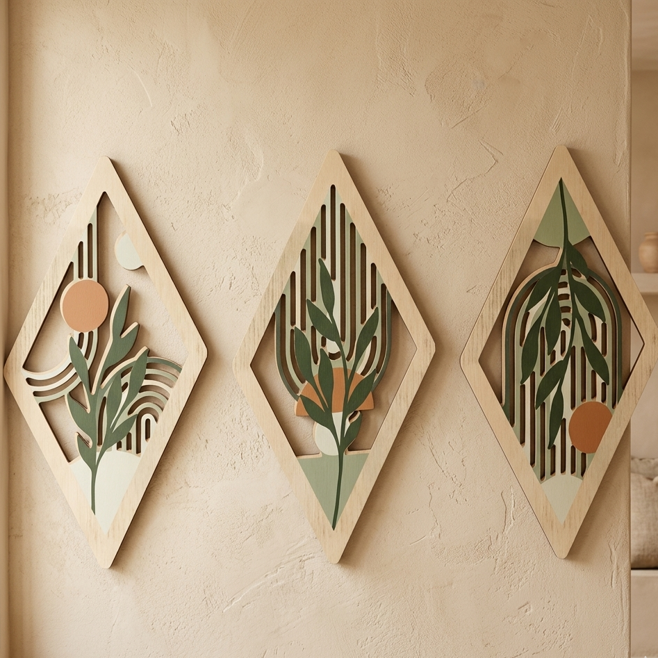 Lot de 3 Tableaux Muraux Losange en Bois – Déco Botanique Bohème