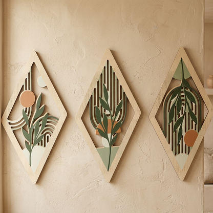 Lot de 3 Tableaux Muraux Losange en Bois – Déco Botanique Bohème