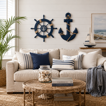 Set de 2 Décorations Murales Marines Bois – Gouvernail & Ancre