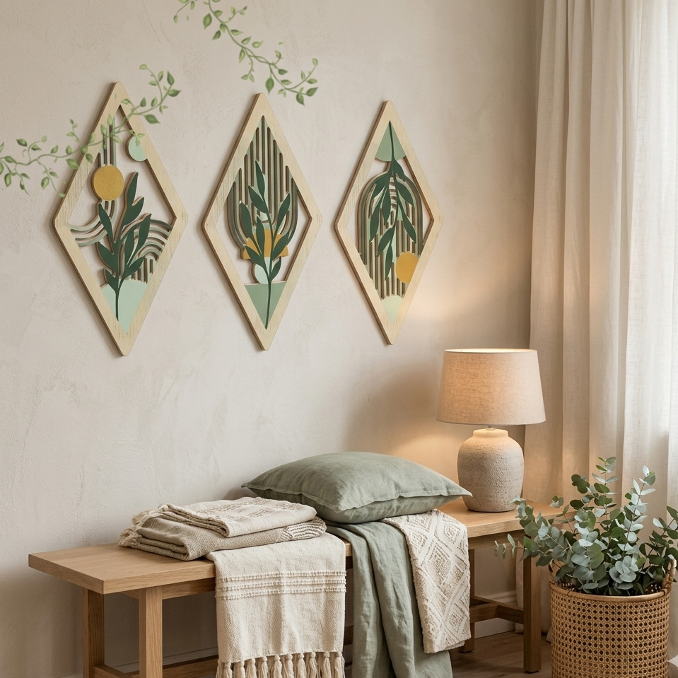 Lot de 3 Tableaux Muraux Losange en Bois – Déco Botanique Bohème