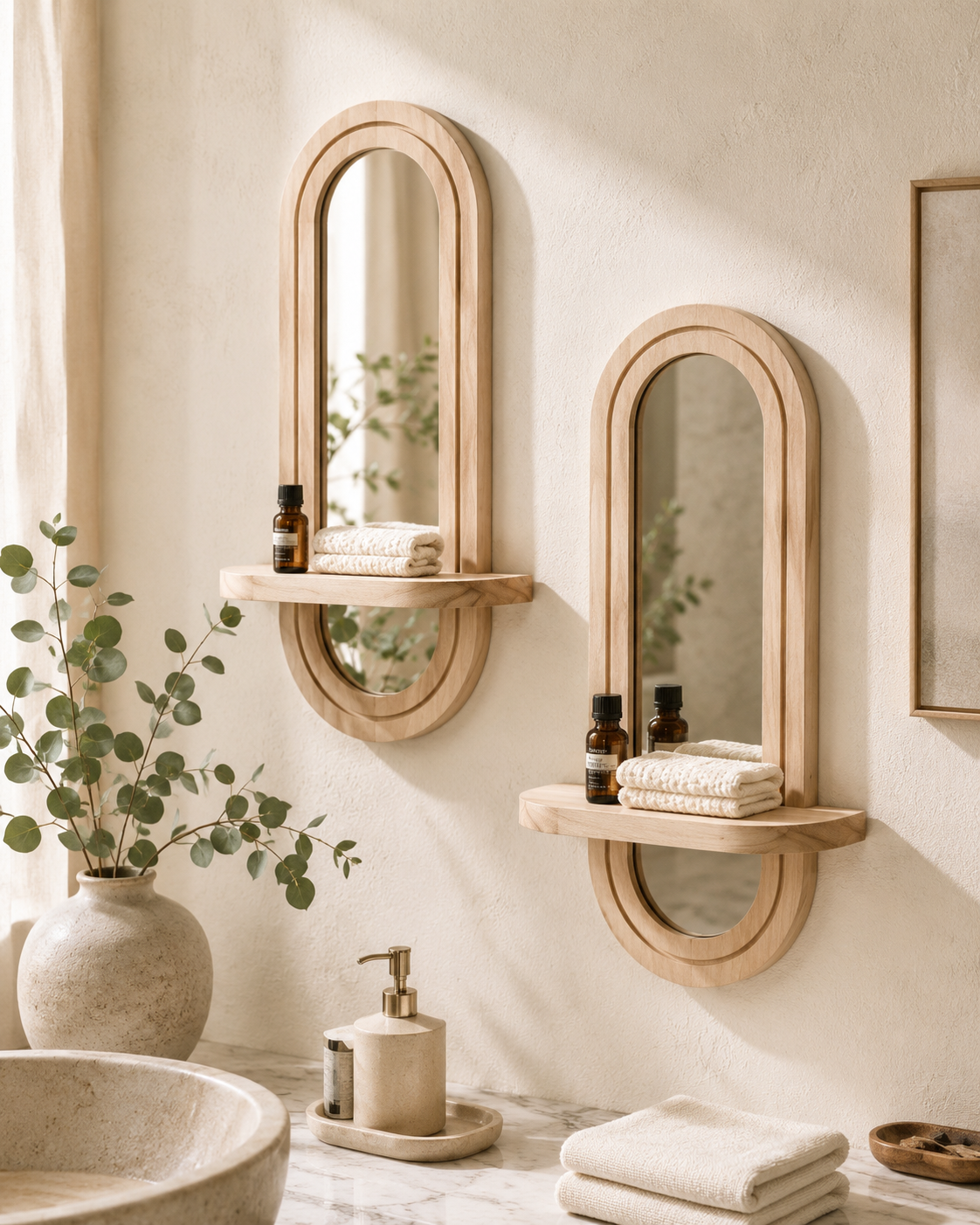 Lot de 2 Étagères Murales Bois & Miroir Intégré – Déco Bohème