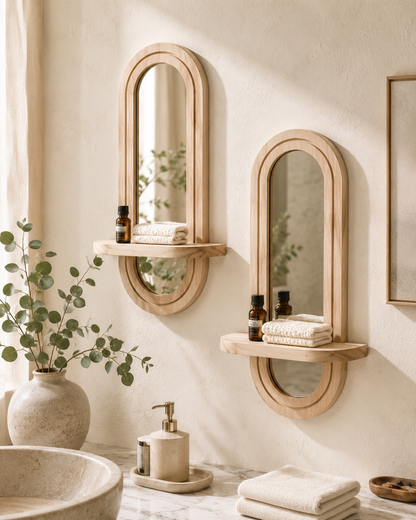 Lot de 2 Étagères Murales Bois & Miroir Intégré – Déco Bohème