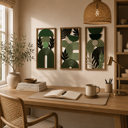 Lot de 3 Tableaux Muraux Bois – Déco Géométrique Vert & Doré