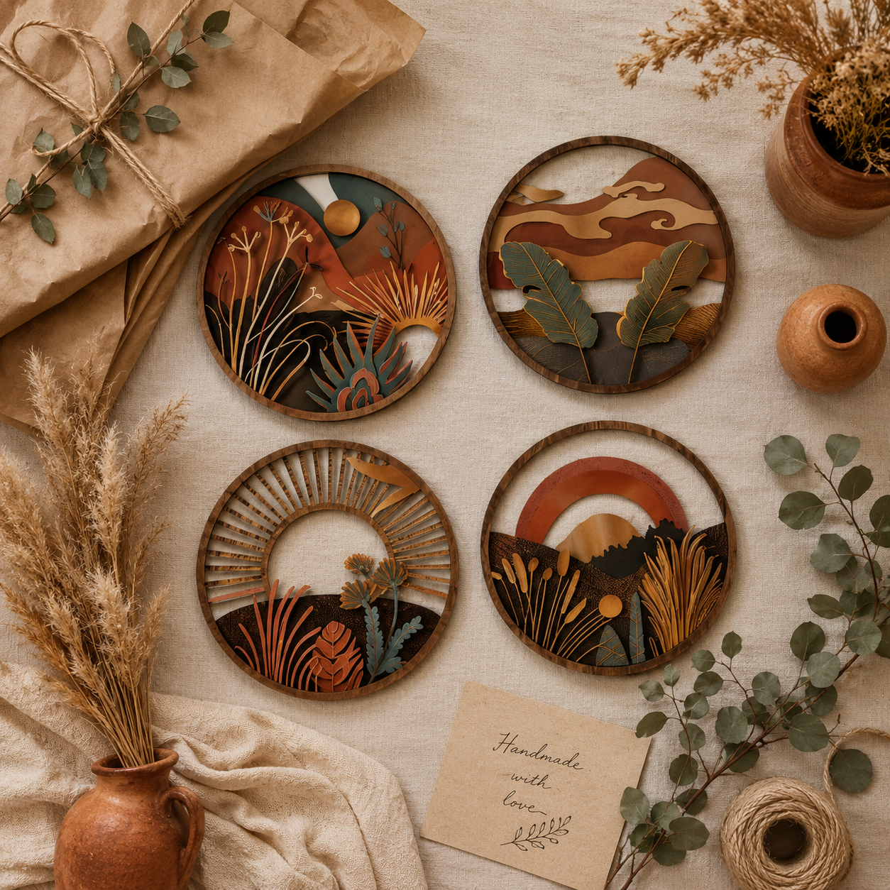 Lot de 4 Tableaux Muraux Ronds Bois – Déco Bohème Paysage