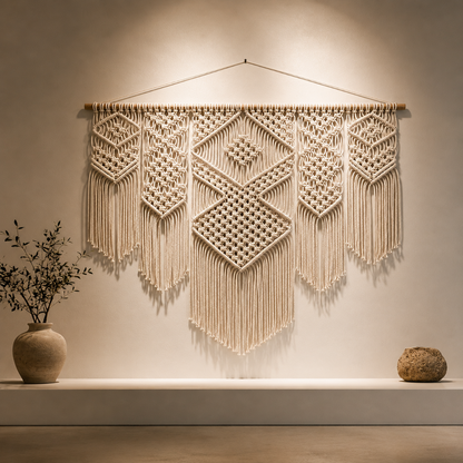 Grande Tenture Murale Macramé – Déco Bohème Losanges Boho