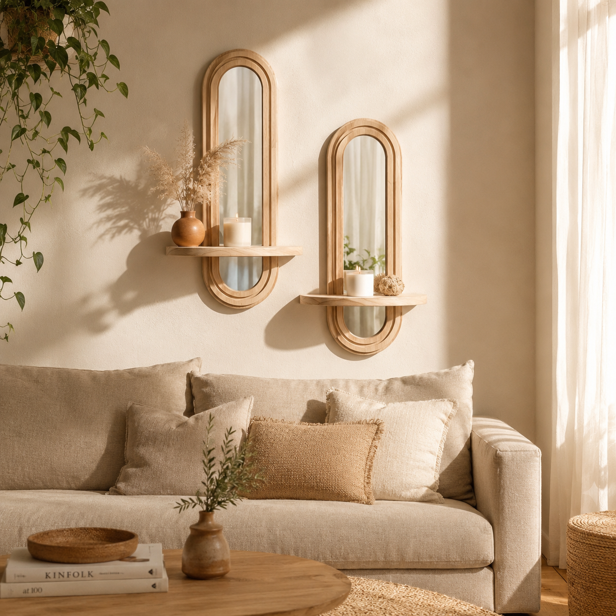 Lot de 2 Étagères Murales Bois & Miroir Intégré – Déco Bohème