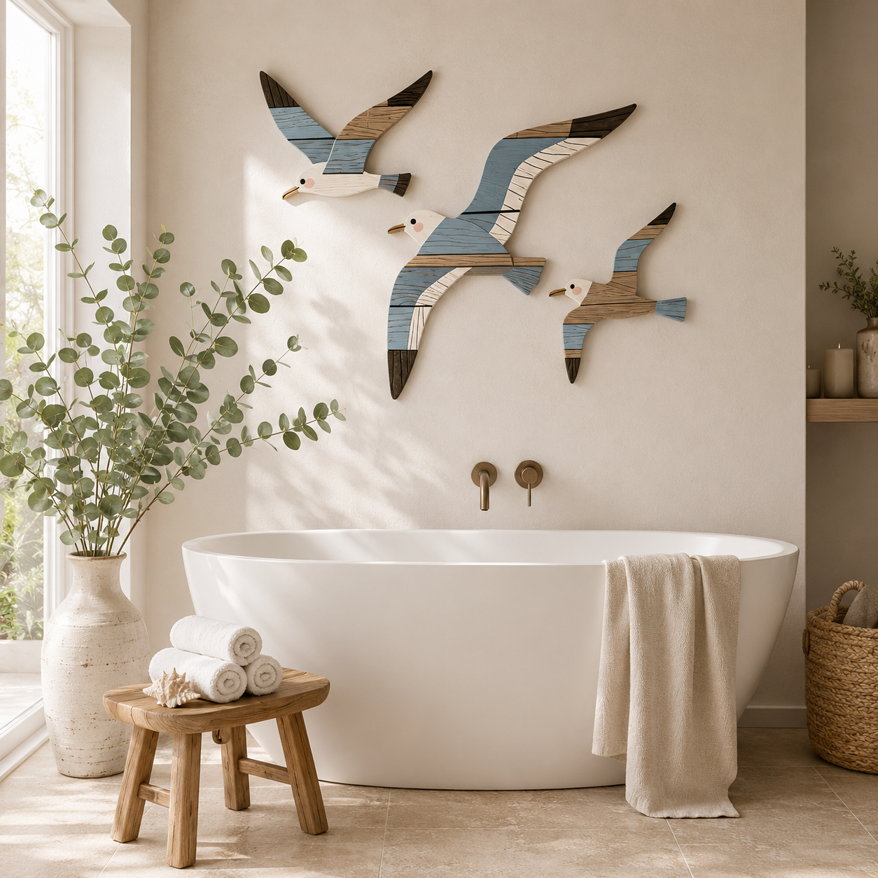 Lot de 3 Décorations Murales Mouettes Bois – Déco Bord de Mer