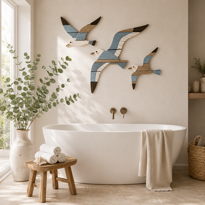 Lot de 3 Décorations Murales Mouettes Bois – Déco Bord de Mer